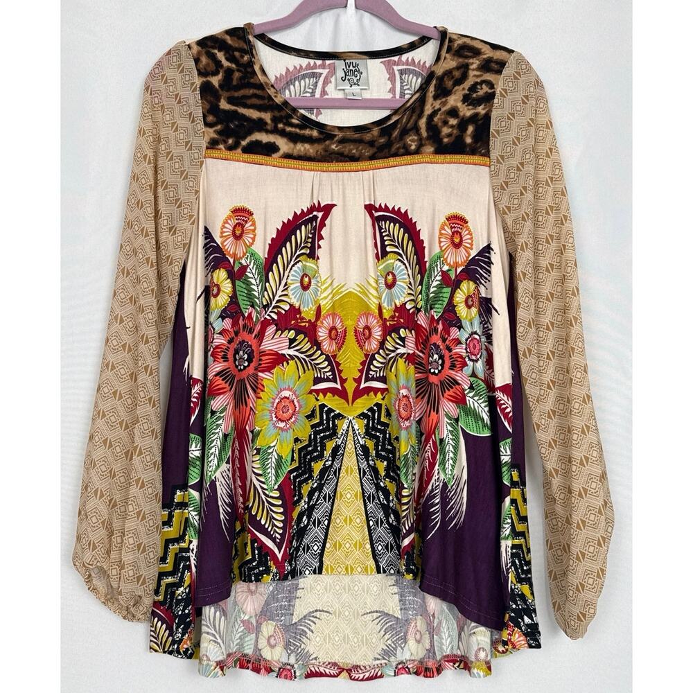Ivy Jane Womens Boho Floral Leopard Print Top Size L Tan Multicolor Festival